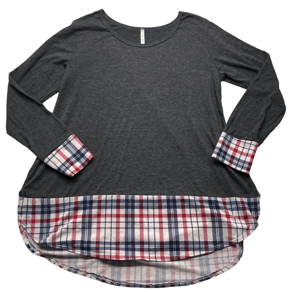 Goo Yoo Womens Gray Plaid Mixed Media Tunic Top Long Sleeve XL/L Made in USA‎
